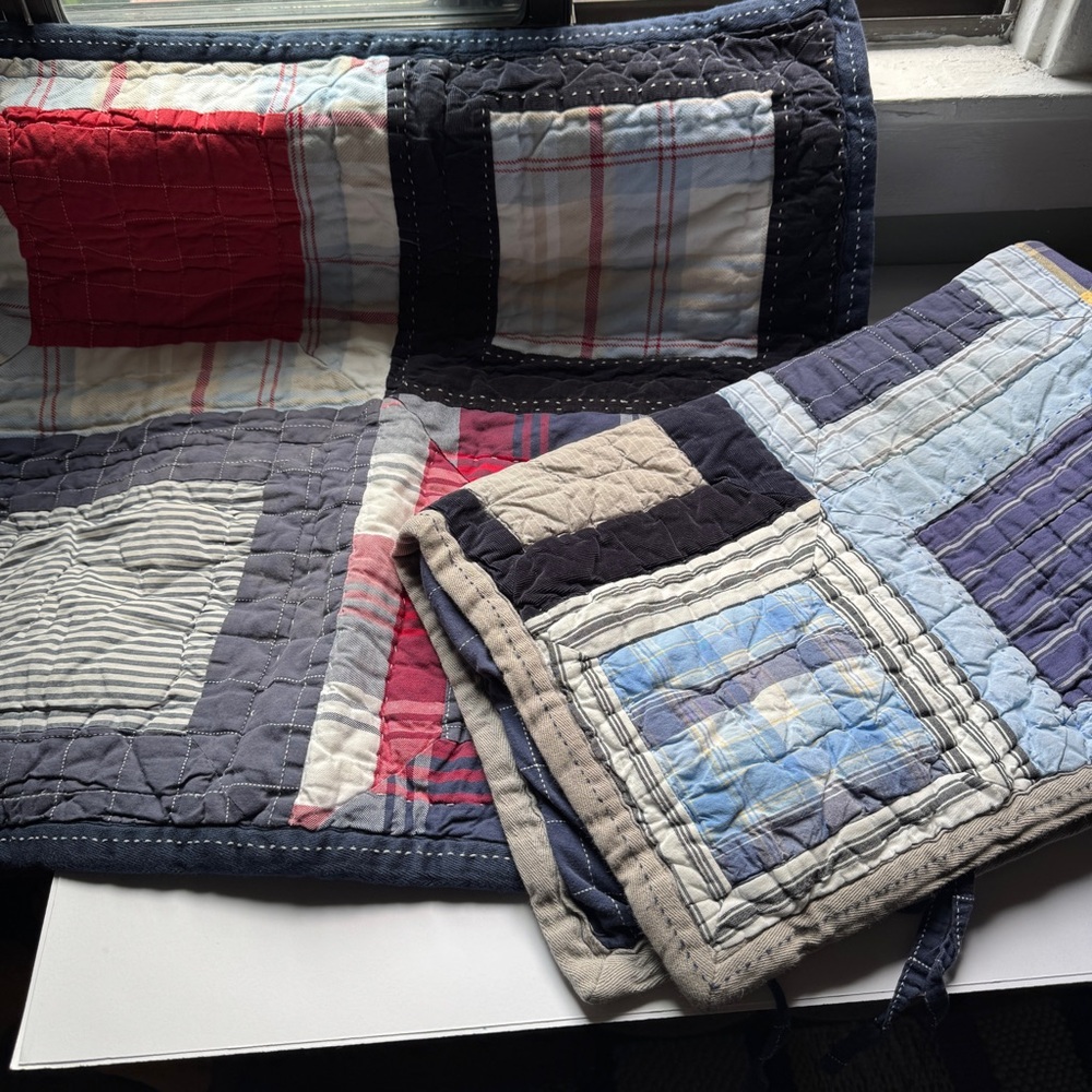 Pottery Barn Kids Quilted Pillowcase Shams Set Blue Red Plaid Patchwork Cotton